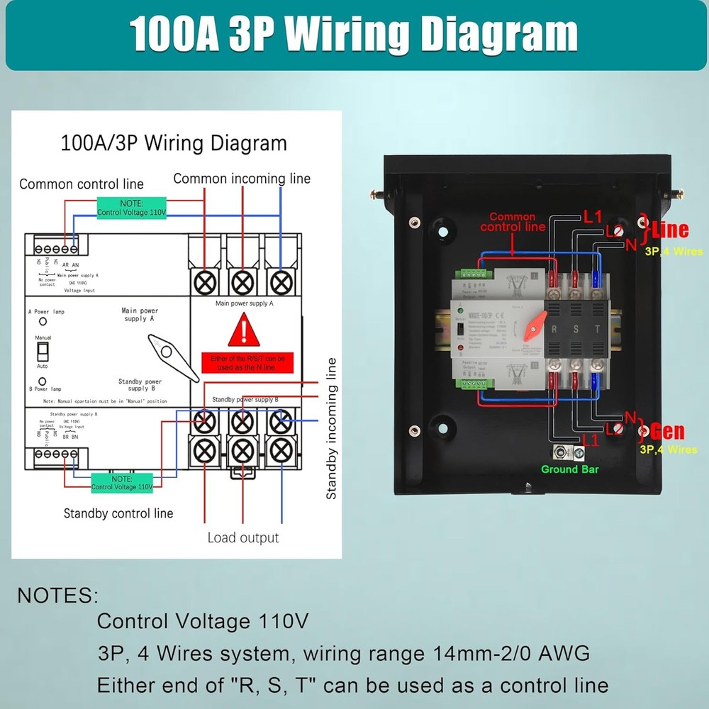Automatic Transfer Switch, 100 Amp 3 Pole Auto Transfer Switch for Home Generato