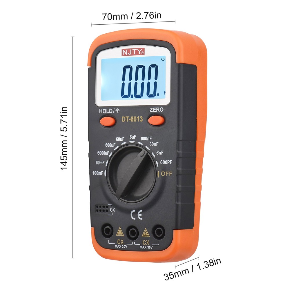 600pF-100mF NJTY Digital Capacitance Meter Capacitor Tester Kit With Clips O7G4