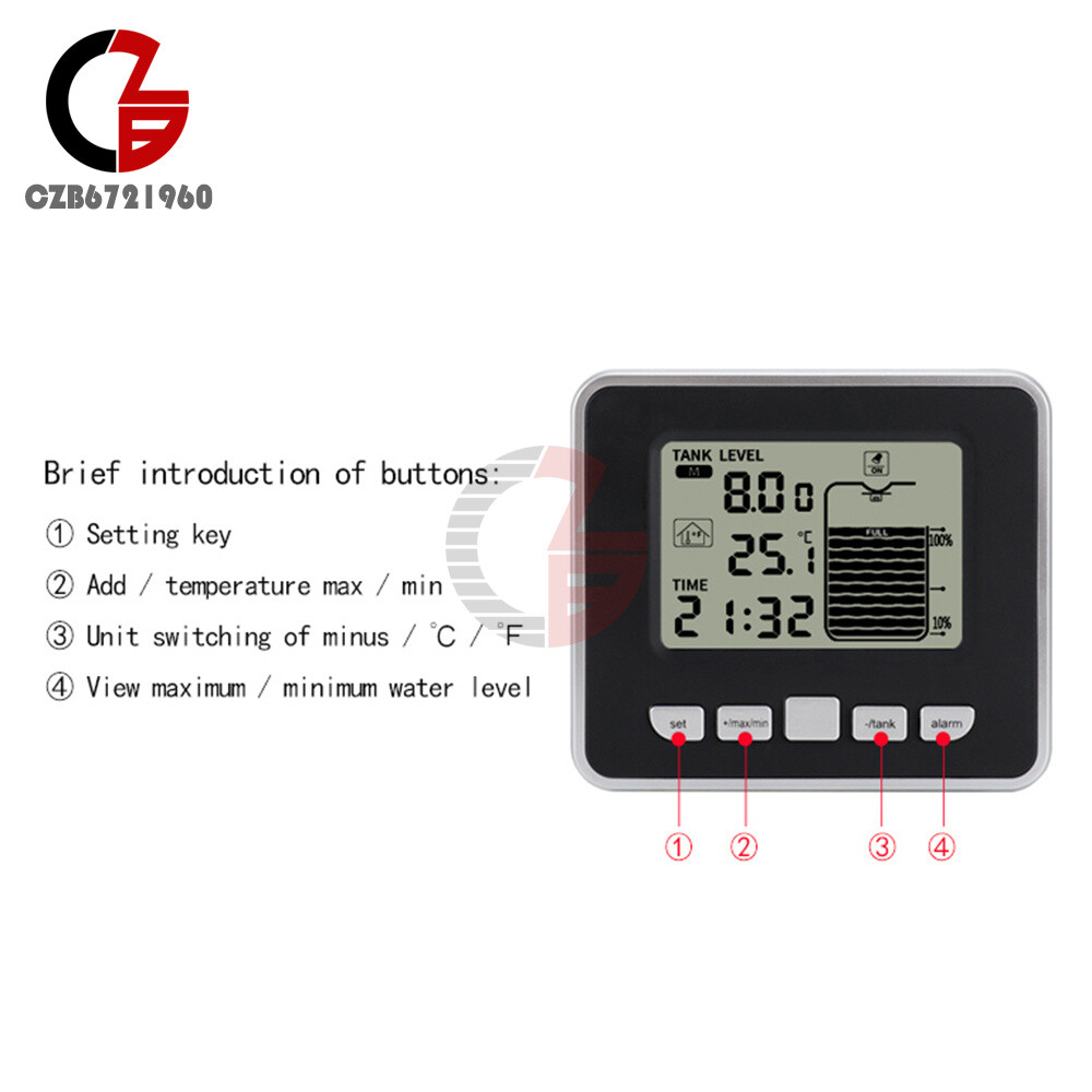 FT002 Ultrasonic Water Tank Liquid Level Meter + Temperature Sensor Time Display