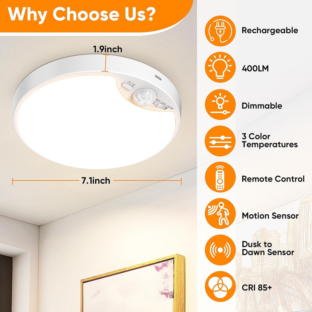 10000mAh Rechargeable Motion Sensor Ceiling Light with Remote, Battery Operat...