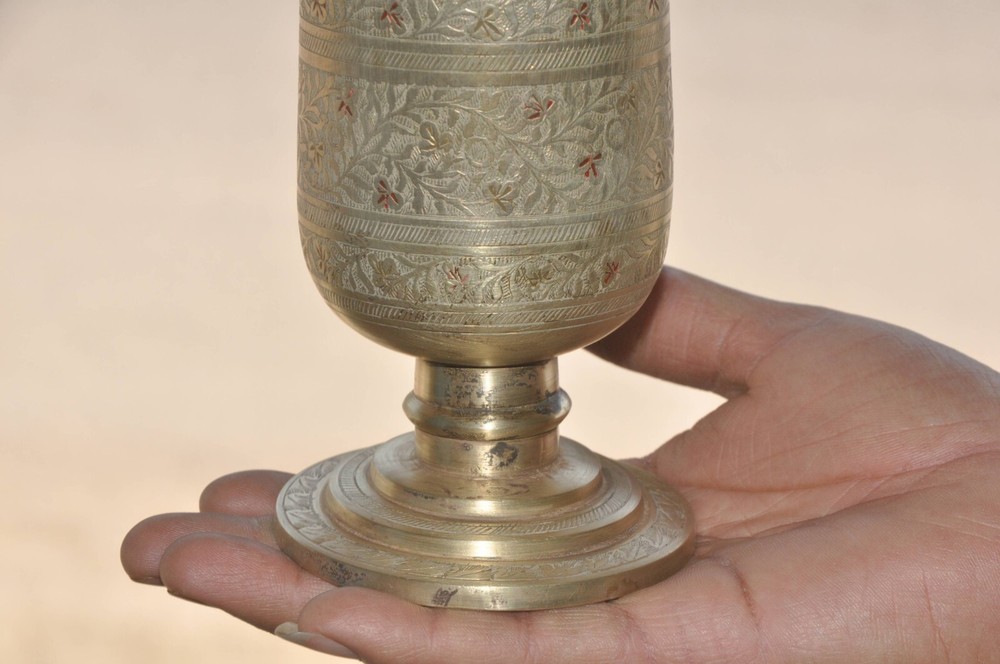 Vintage Brass Unique Shape Solid Lacquer Engraved Handcrafted Flower Vase/Pot