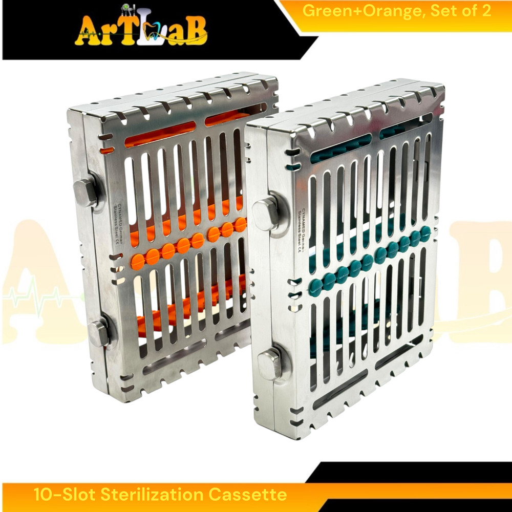 2 Count, Sterilization Cassette Boxes with Detachable Lid, Lockable,Green+Orange