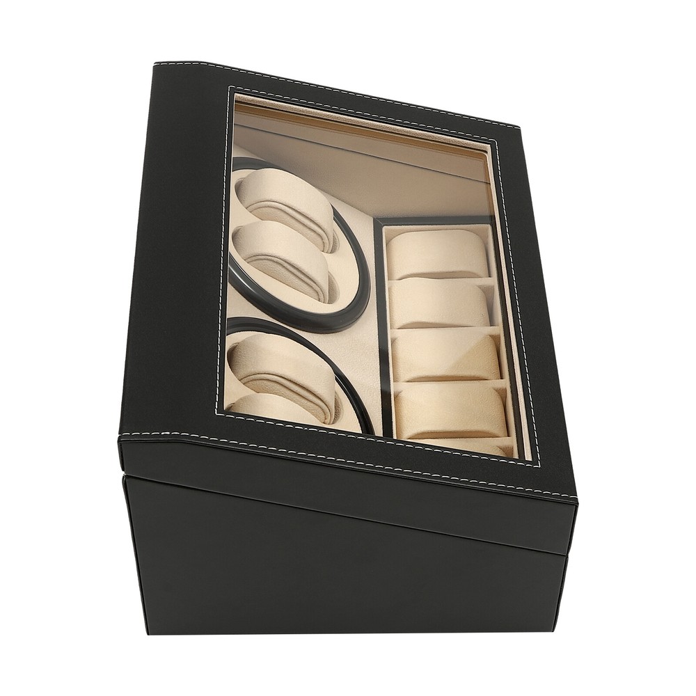 Luxurious 4+6 Automatic Rotation Leather Watch Winder Storage Display Box Black