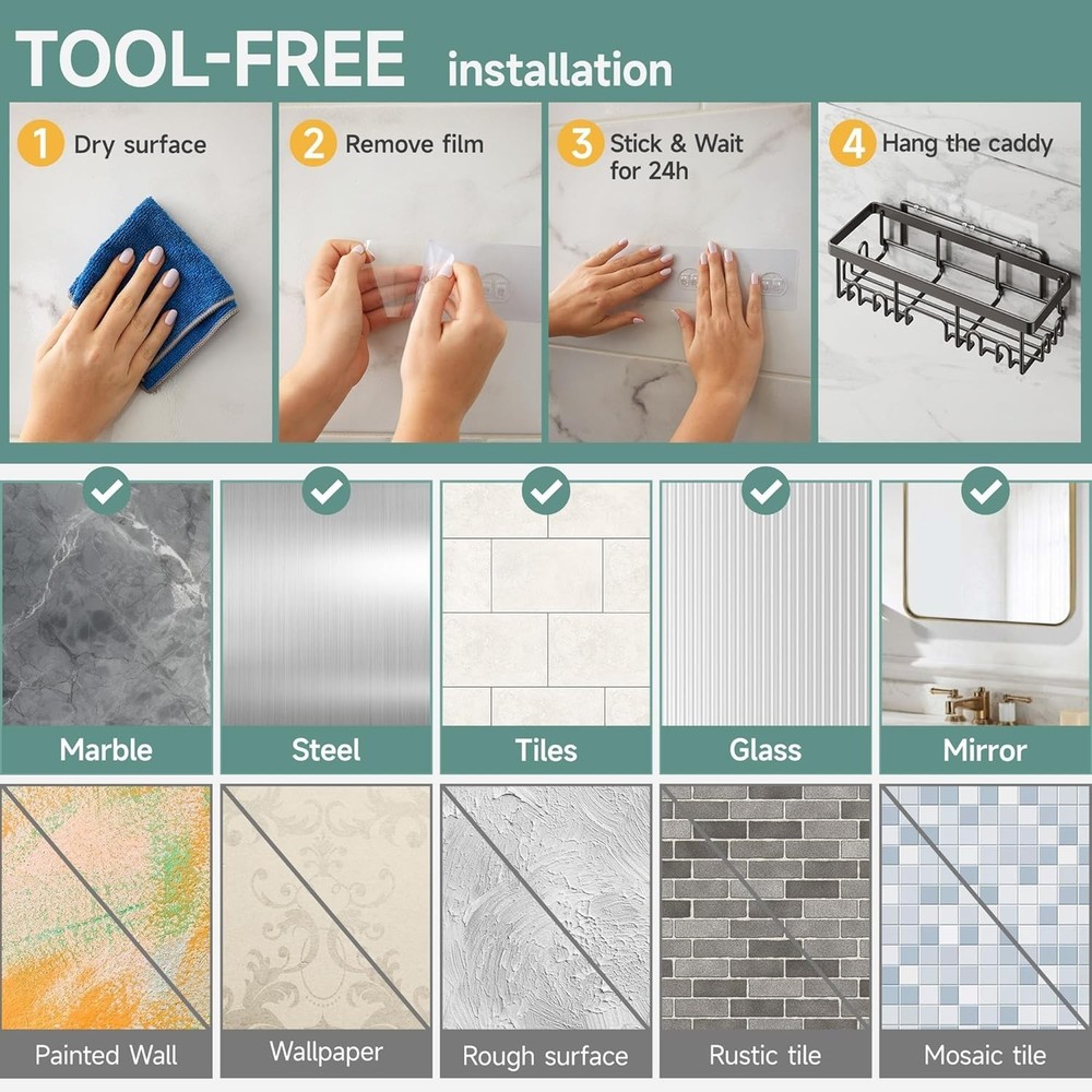 Waterproof Shower Caddy 6-Pack - Effortless Installation & Storage