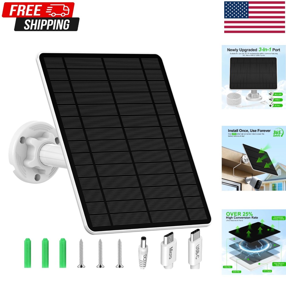 Solar Panel Charger for Security Camera, Type-C Plug, 9.8Ft Long Cable, Water