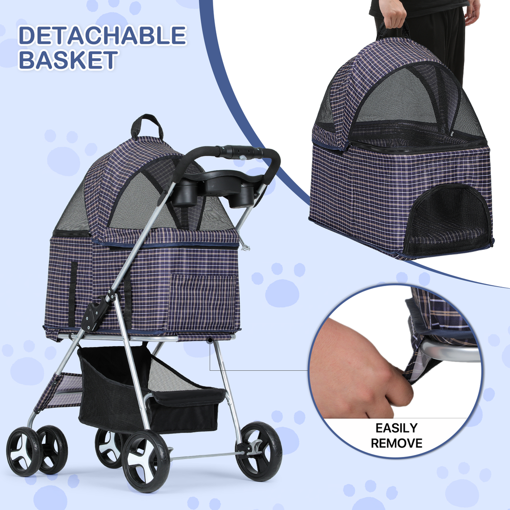 4 Wheels Pet Stroller Foldable Cat Cage Puppy Stroller Storage Basket+Cup Holder