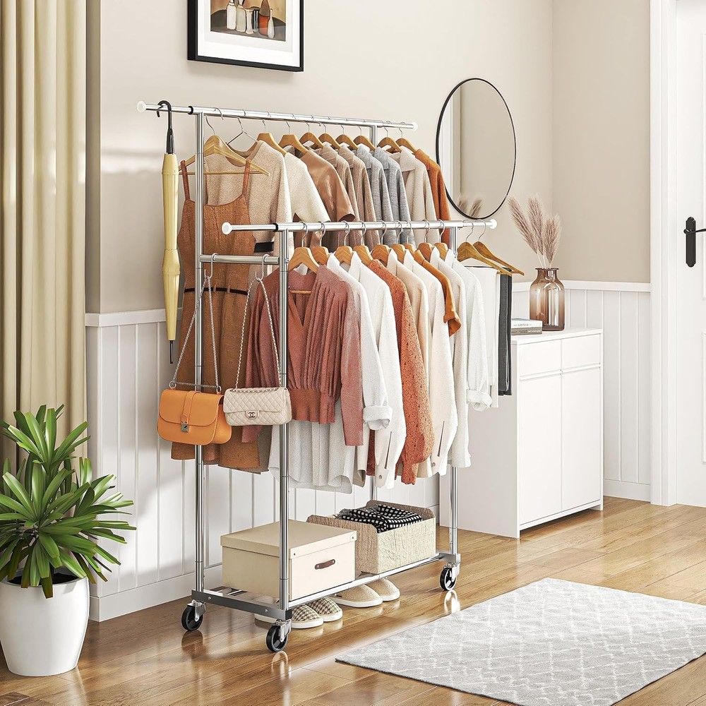 Double Rod Rolling Garment Rack Adjustable Clothes Hanging Organizer with Wheels