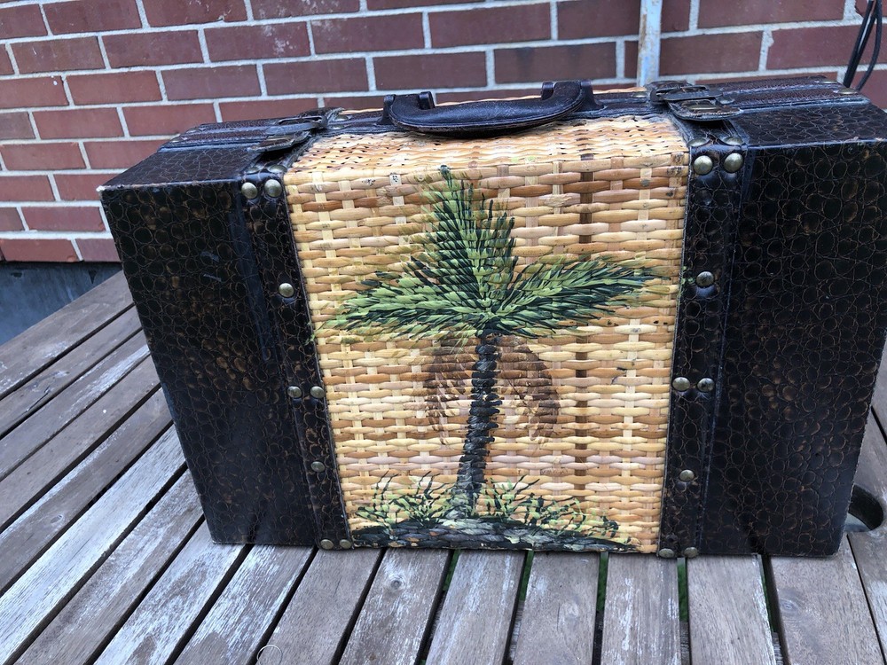 Vintage Ature trunk featuring a hand-painted palm tree