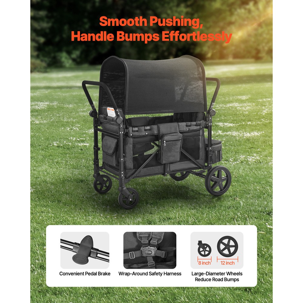 Wagon Stroller 4 seater Push Pull Quad Collapsible Stroller 330LBS with Canopy
