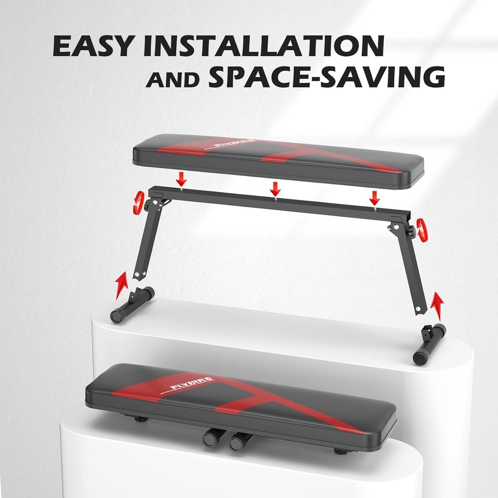 FLYBIRD Flat Bench, Foldable Weight Bench Easy Assembly for A-Red