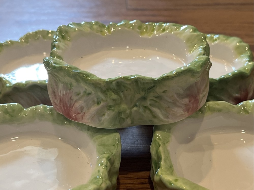 6 Vintage Cabbage Leaf Painted Ceramic Coasters 3” Inside Diameter