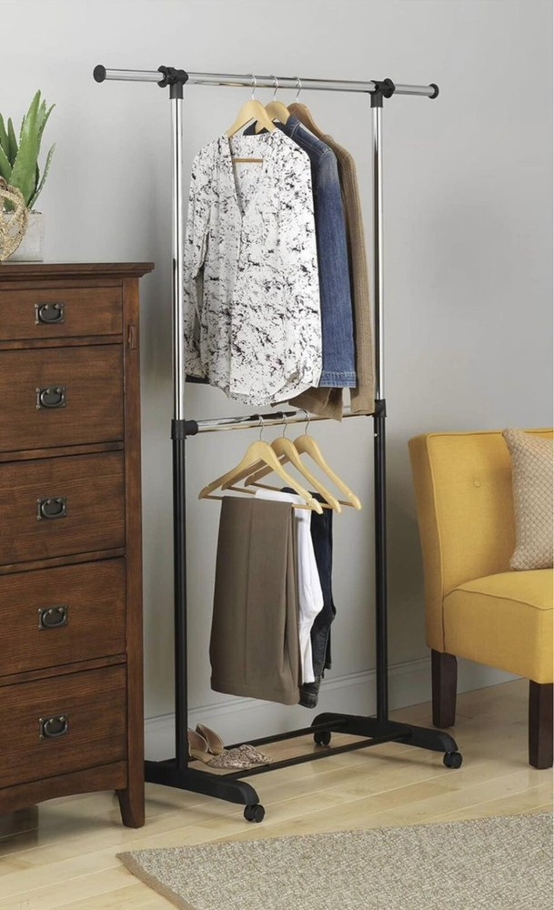 Adjustable 2-Rod Garment Rack - Rolling Clothes Organizer