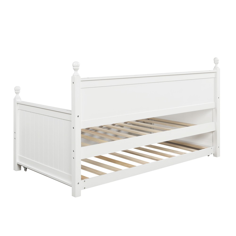 Twin Size Daybed Wood Bed Frame Sofa Bed with Pull-Out Trundle Bed White