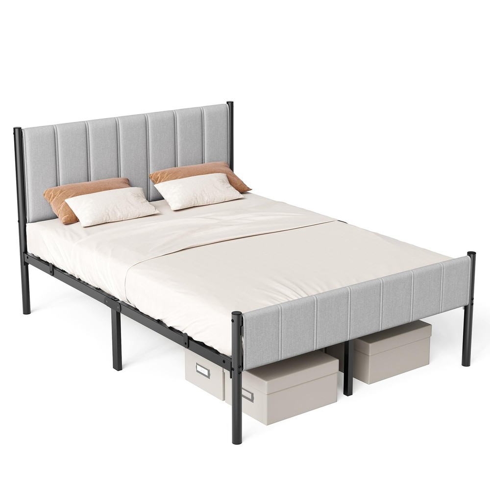 Full Bed Frame with Upholstered Headboard, Metal Bed Frame Full Size with Foo...