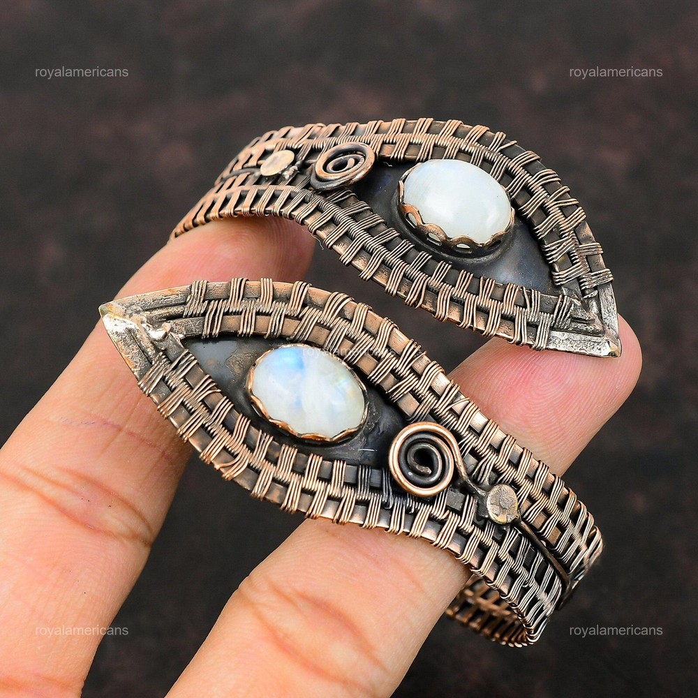 Copper Oval Rainbow Moonstone Gemstone Handcrafted Twisted Boho Bangle Jewelry