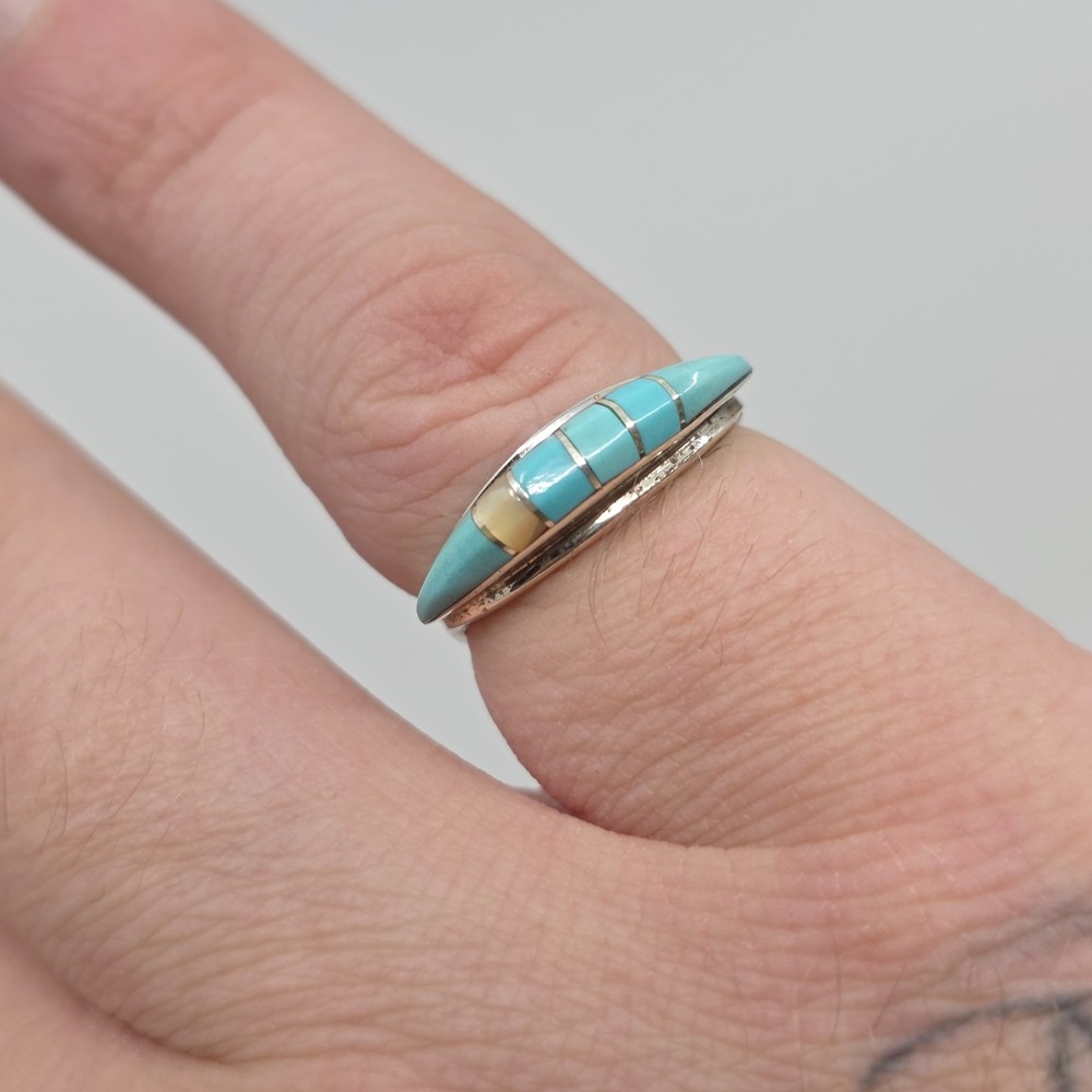 CEH Signed Native American Sterling Silver Assorted Turquoise Shell Ring Sz 6.5