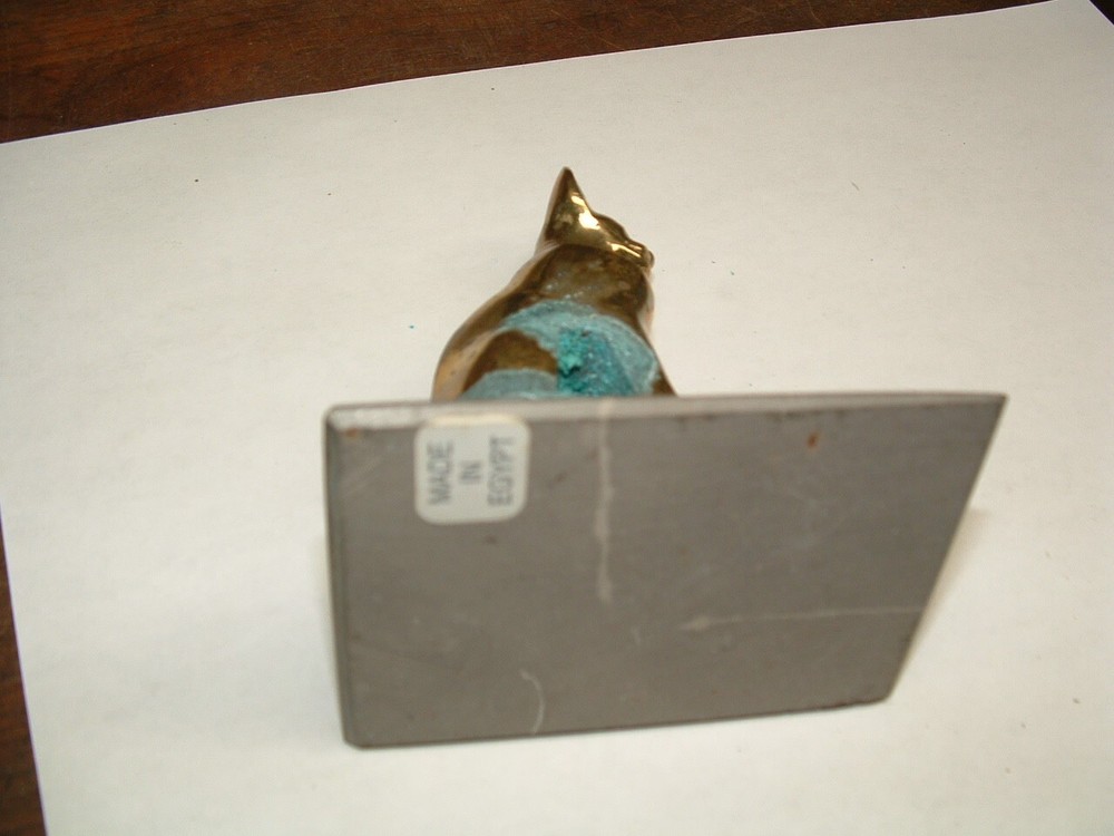 SOLID BRASS EGYPTIAN SPHINX CAT WITH SOLID STONE BASE CARVED HIEROGLYPHS WRITING