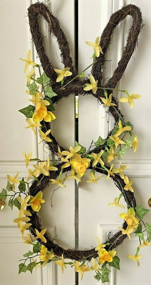 Grapevine Spring Easter Daffodil Bunny Rabbit Shaped Door Wall Hanger Wreath