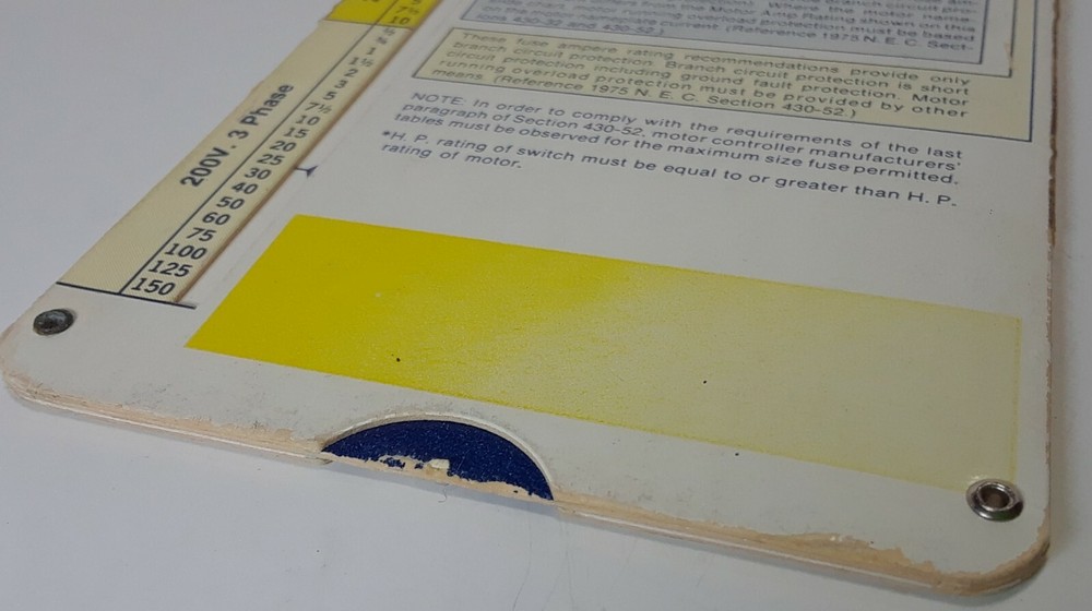 VINTAGE 1975 BUSS Electrical - MOTOR OVERLOAD PROTECTION GUIDE - SLIDE CHART