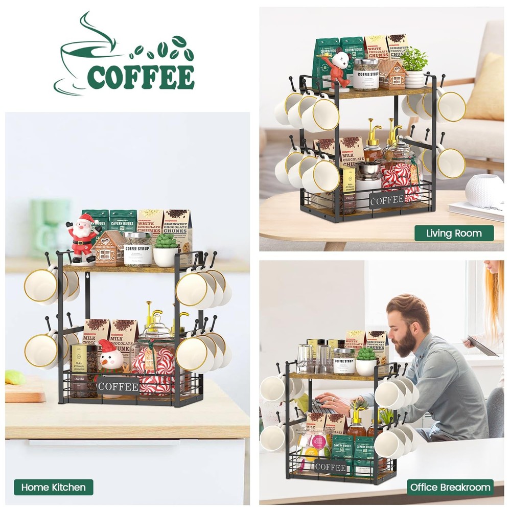 Coffee Mug Cup Holder Tree Bar Station Organizer, 2 Tier Mug Stand Rack for C...