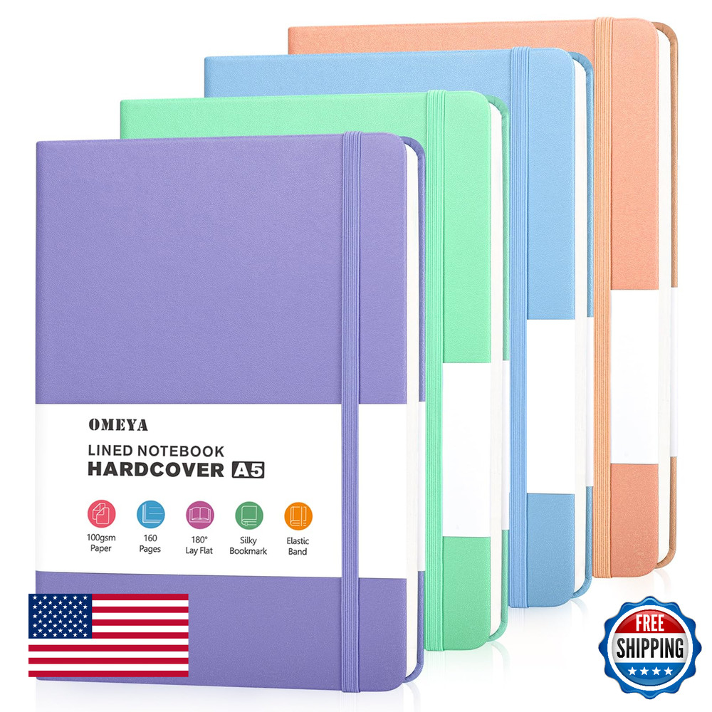 OMEYA 4 Pack Lined Journal Notebooks, Leather, 100gsm, 5.7x8.3"