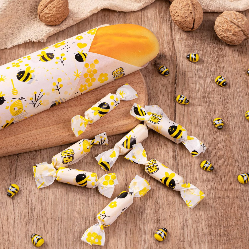 100 Wax Paper Sheets for Food - Bee Pattern Sandwich Wraps and Liners