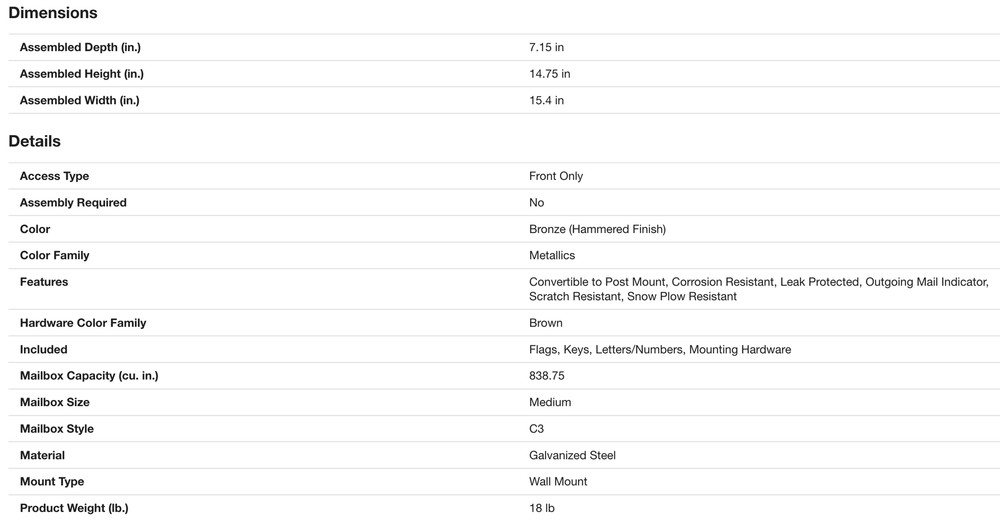 Locking Mailbox Wall Mount Medium Mail Boss Metro Bronze High Security 7164