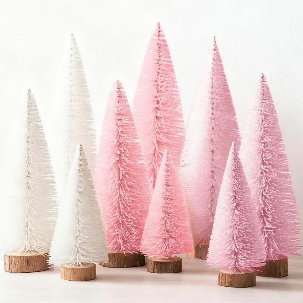 Miniature Pine Tabletop Christmas Tree Topper Light Pink White Decor