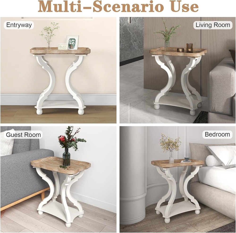 White Accent Side Table Vintage Wood End Table Sofa Table with Bottom Shelf