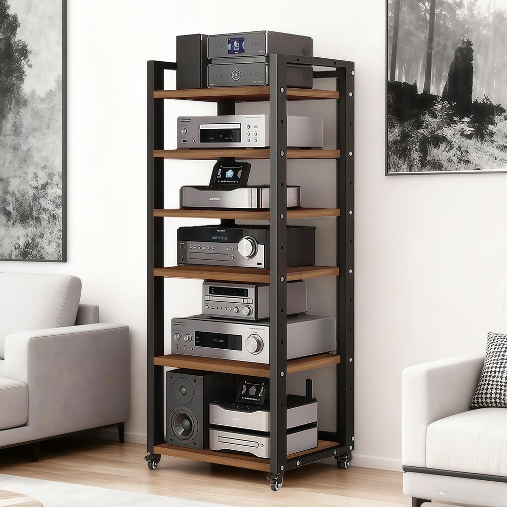 6-Tier Rolling Media Stand with Adjustable Shelves for Audio-Video Storage