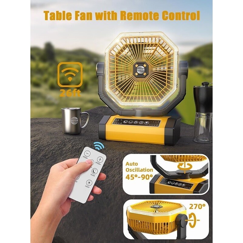 Rechargeable Table Fan W/ Remote Control LED Light Battery Powered Camping Fan