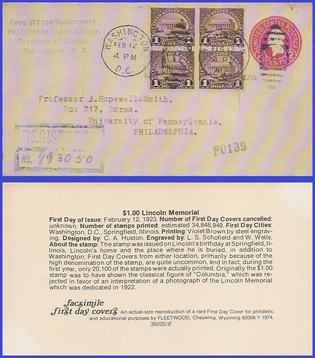 USA3 # 571 ADDR FACSIMILE FDC BL4  Lincoln Memorial