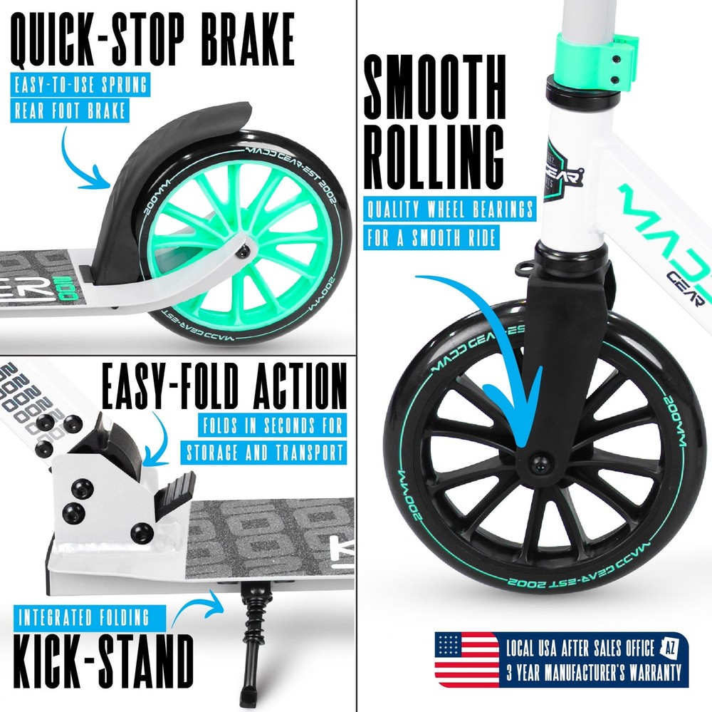 Folding Kick Scooter for Adults– Adjustable Handlebar – Big 200mm Wheels