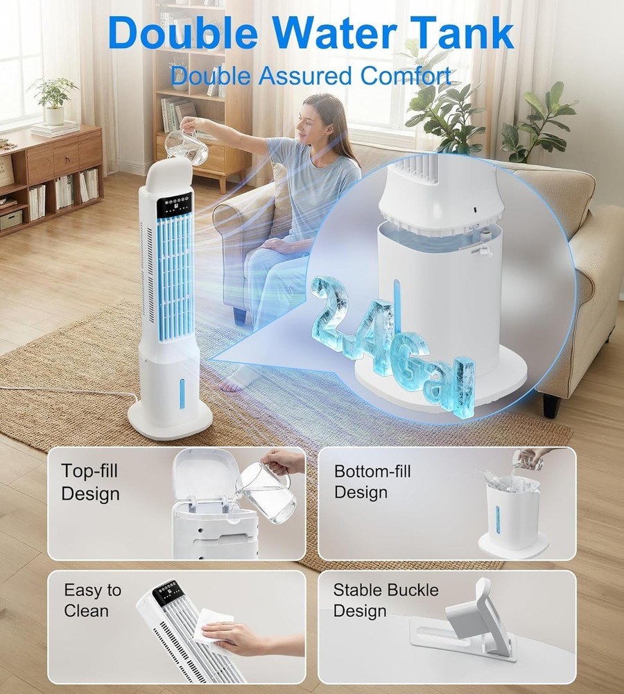 Portable Windowless Swamp Cooler 2.4 Gal Water Tank 24H Timer 4 Modes