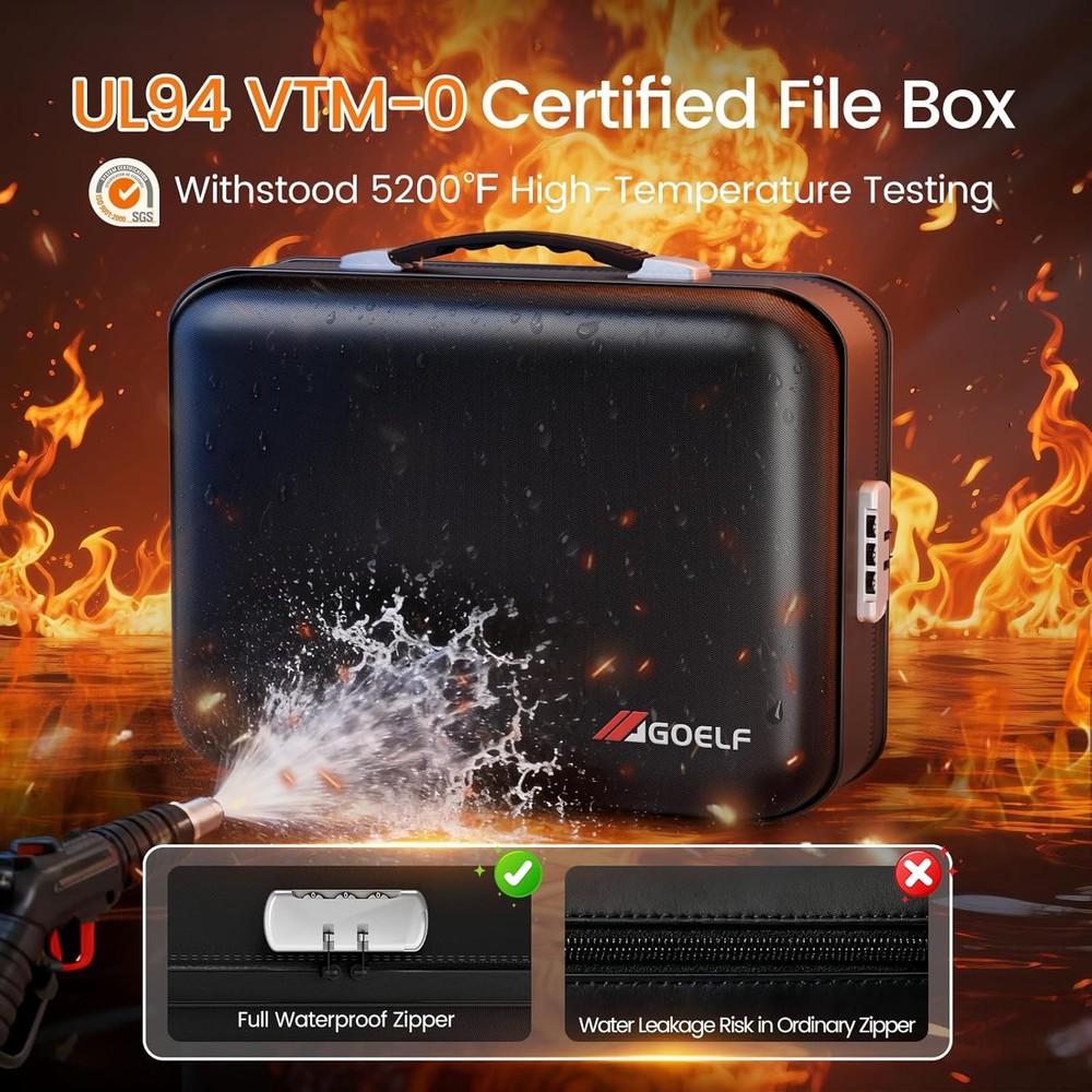 Fireproof Document Box with Lock 5200°F Fireproof Water Resistant Hard Case File