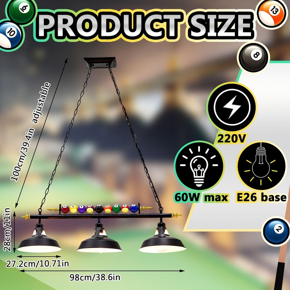 Adjustable Pool Table Lights for 7'-8' Billiard Light Hanging Pool Table Fixt...