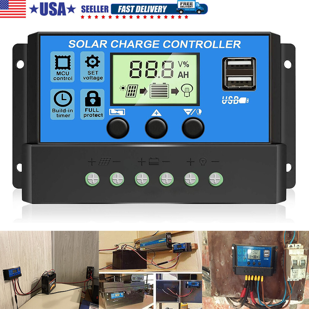 30A Solar Panel Battery Charge Controller 12V/24V LCD Regulator Auto Dual USB