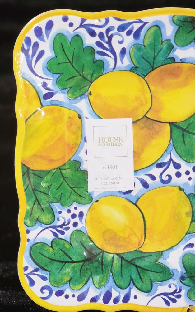 Lemons on Branches Melamine 17" Serving Platter Easter Spring Mediterranean Blue