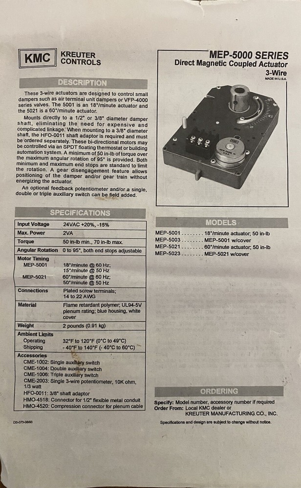 KMC MEP-5002 DIRECT MAGNETIC COUPLED ACTUATOR