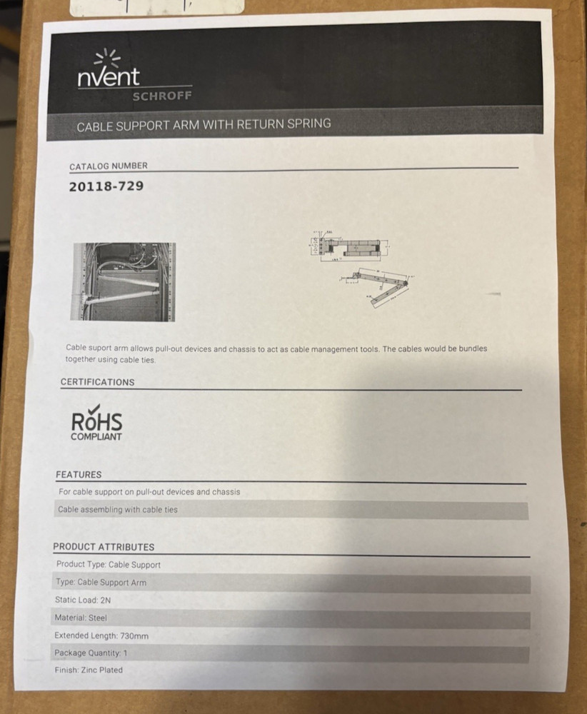 NEW Cable arm nVent SCHROFF # 20118-729 1U Cable Support Arm with Return Spring