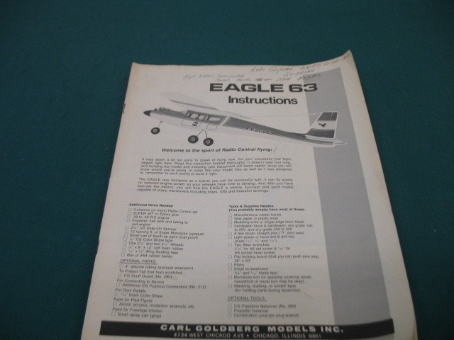 Original Carl Goldberg Eagle 63 RC Model Airplane Building Instructions