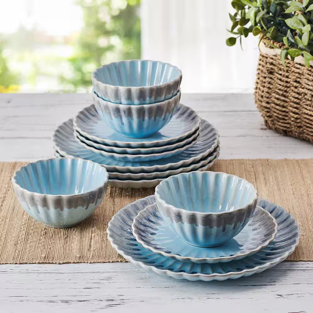 Lucinda 12-Pieces Stoneware Dinnerware Set, Blue/Gray, Service for 4