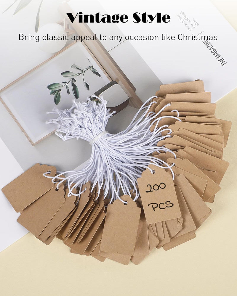 200PCS Kraft Price Tags 1.8"x1" With Elastic String