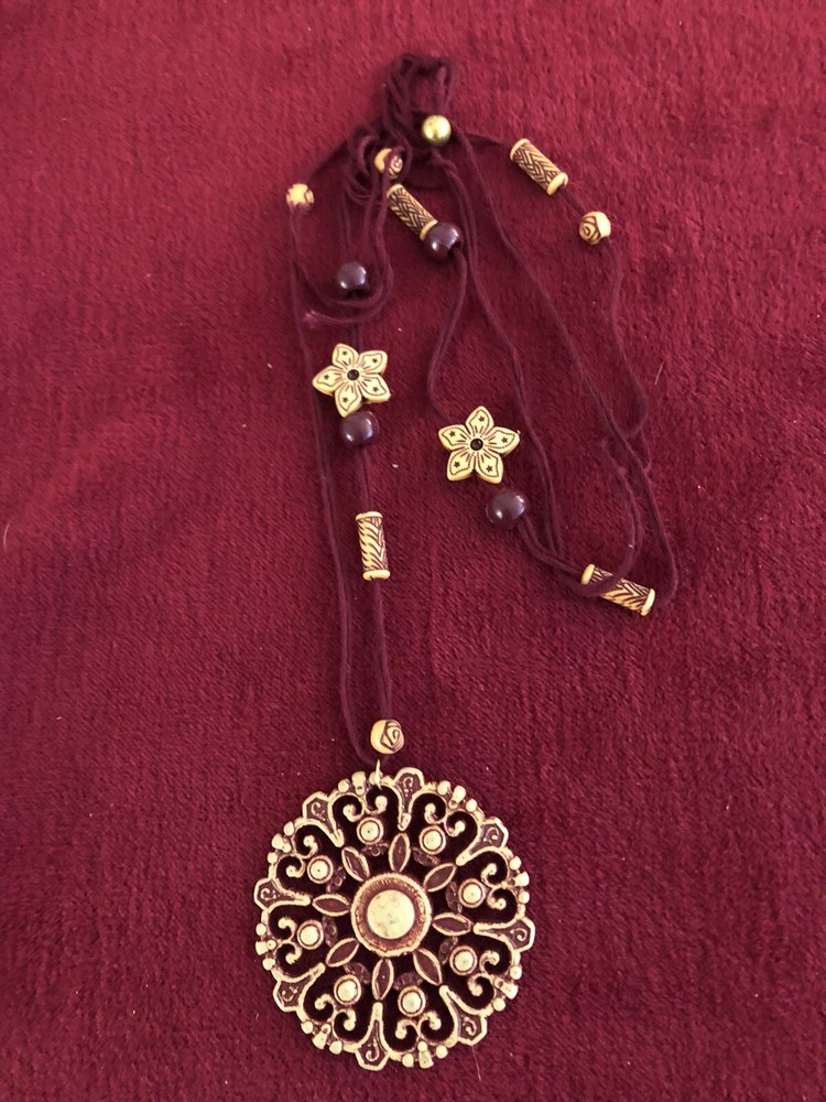 Carved Dark Red Threaded-Cord Chain Pendant Necklace
