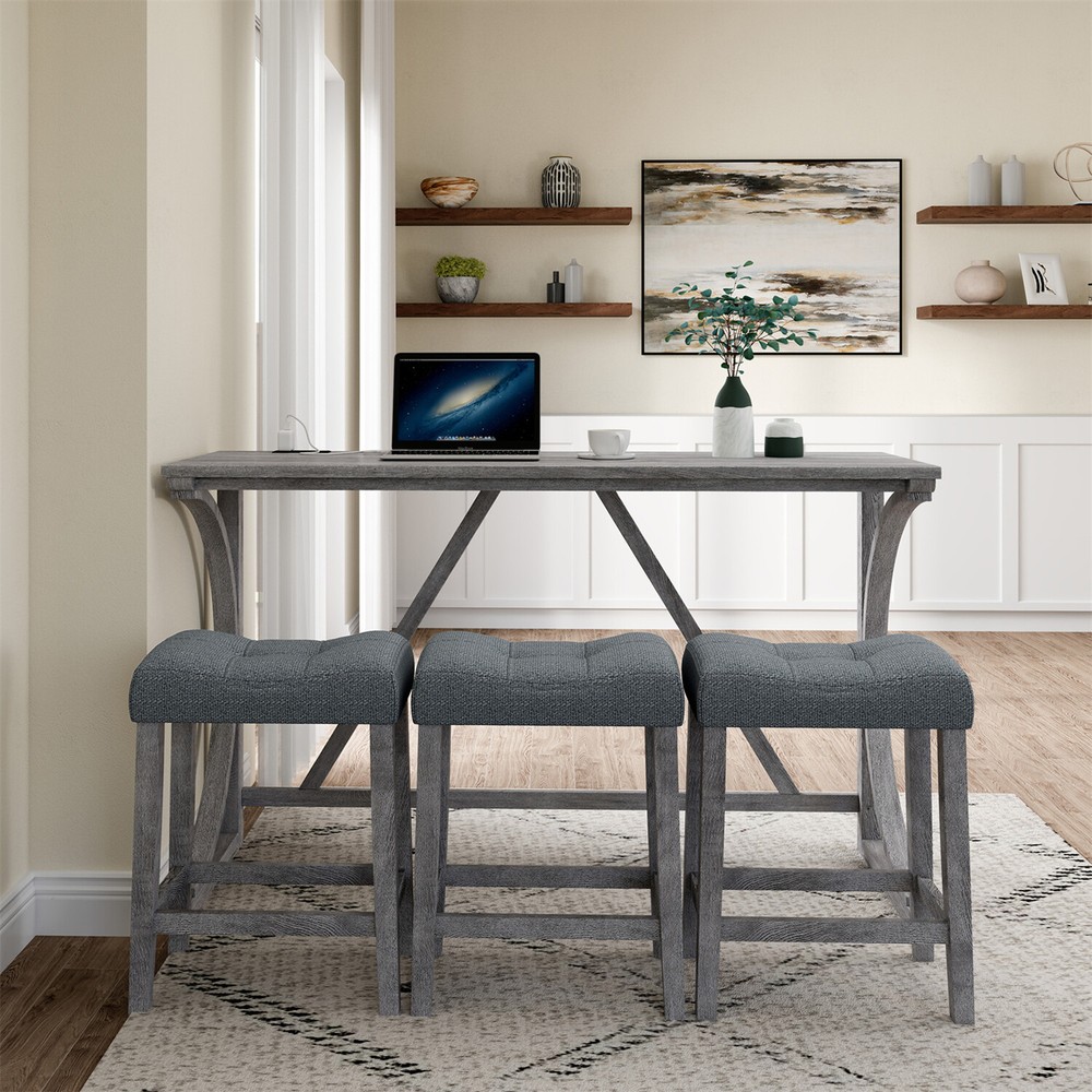 4 Piece Bar Table Set Counter Height Kitchen Dining Table with 3 Bar Stools US