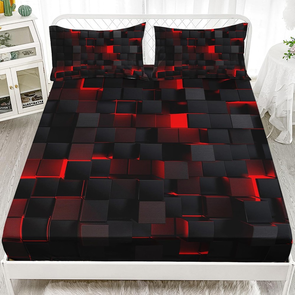 Soft Bedding Fitted Sheet Queen Size,Geometric Red Black Microfiber Fitted Sh...