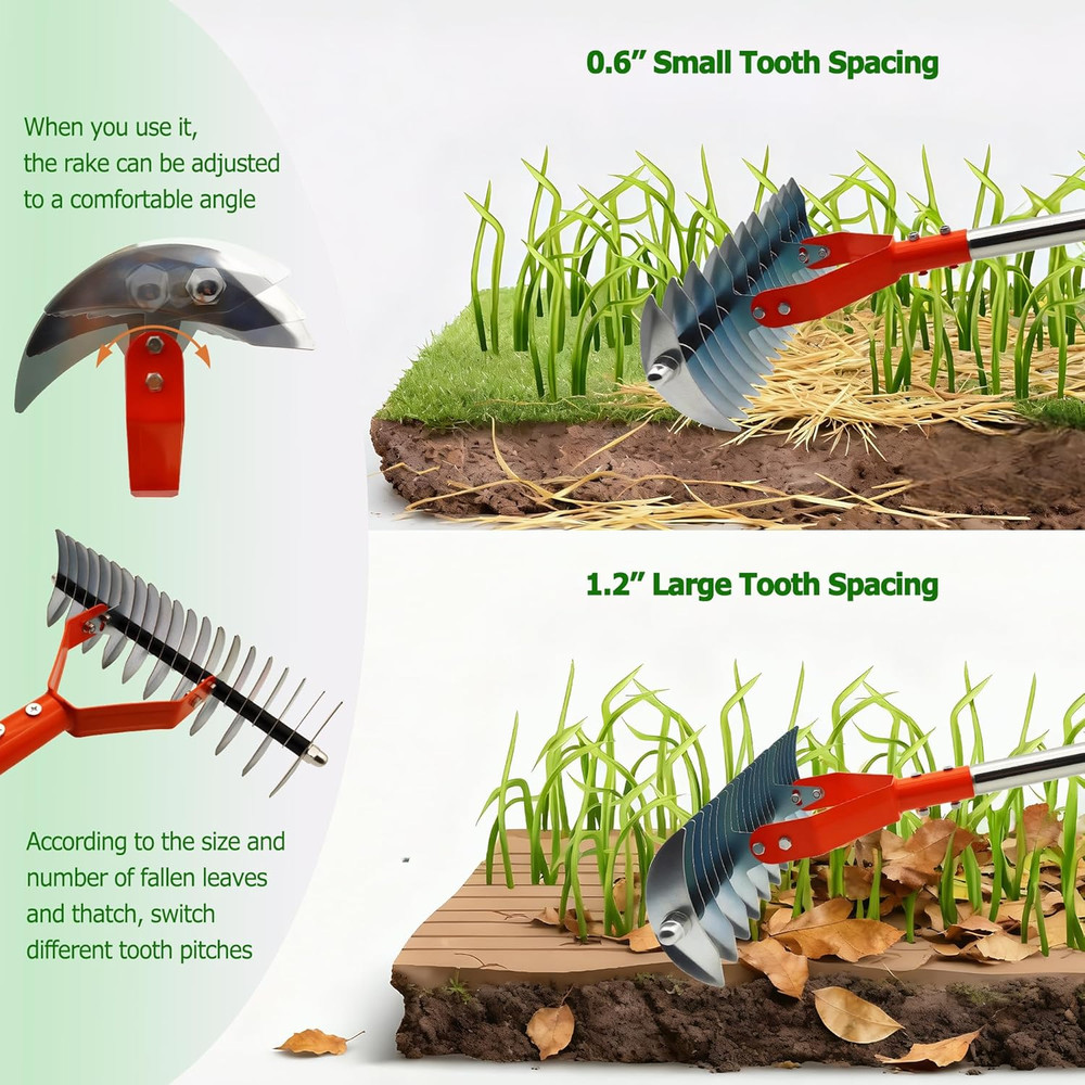 Thatch Rake with 68" Adjustable Handle,14" Dethatching Rake for Lawns – Reinforc