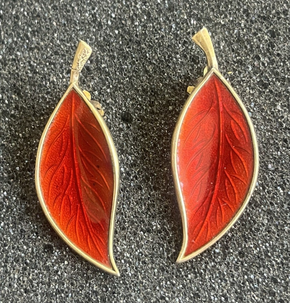 Denmark Sterling Silver 925 Red Leaf Enamel Earrings Signed Brd.B