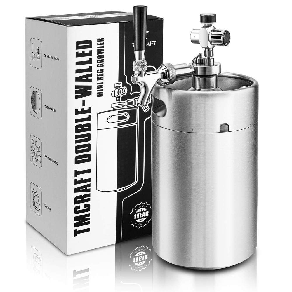 128OZ Double-Walled Mini Keg Growler, Pressurized Home Beer Dispenser System ...
