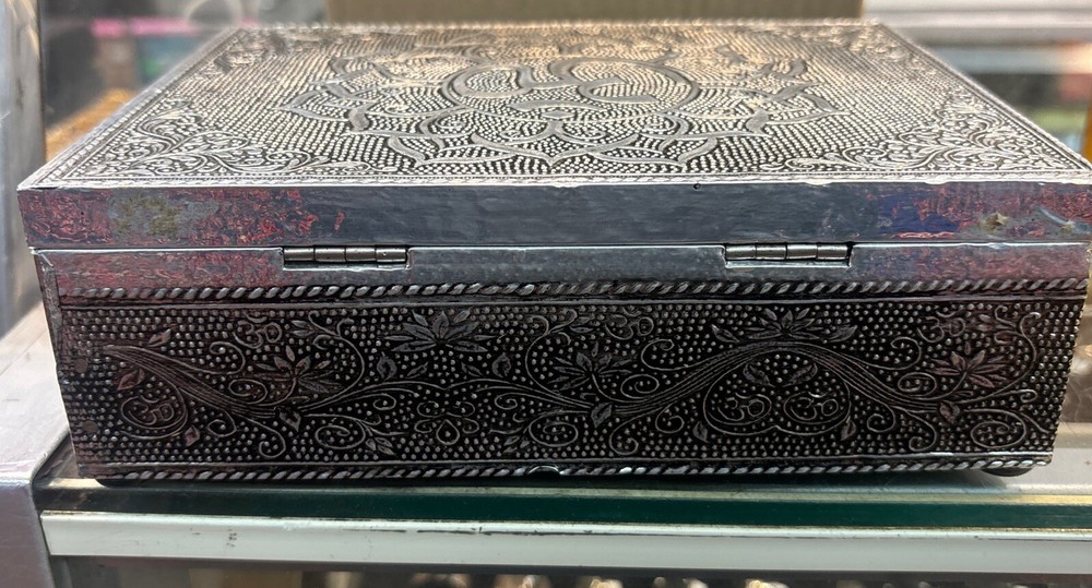 Silver colored Lined tarot card box with Ohm Symbol On It